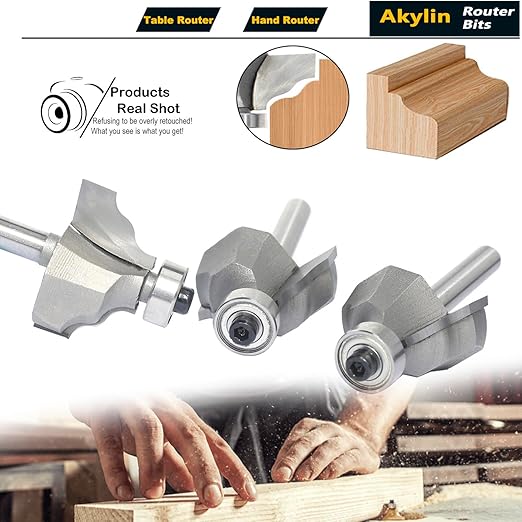 3Pcs Wavy Edge Molding Router Bits,1/4" Shank,3/4" Cutting Height ,3/8" Cutting Depth for Wood Table Edging,Picture Frames Profiling,Furniture Moulds Projects with Bearing Guided(3 Units/Pack)