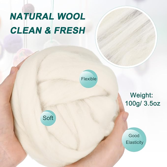 uxcell Needle Felting Wool, 3.5 Oz Nature Fibre Wool Yarn Roving - Image 2