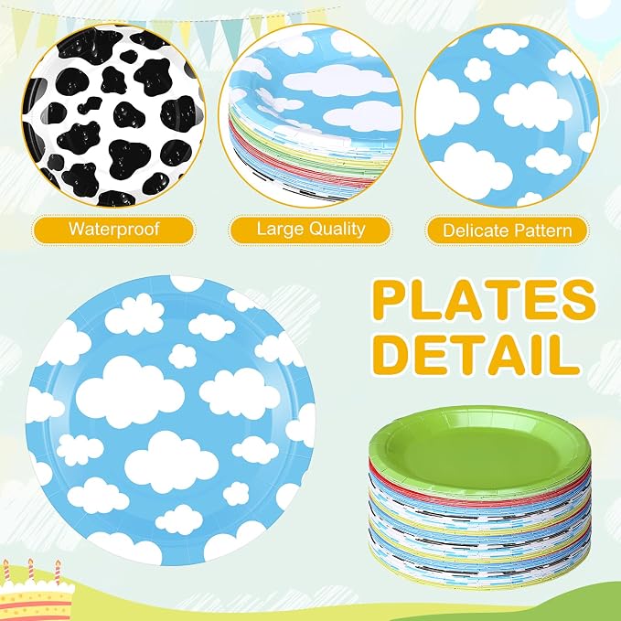 Funnymoom 60 Pcs 7 Inch Toy Inspired Paper Plates Cow Pattern Cloud Plates - Image 3
