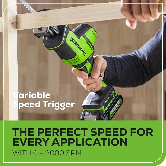 Greenworks 24V Brushless Cordless Reciprocating Saw,1" Compact One-Handed Recip Saw(3,000 SPM),Variable Speed, 2.0Ah Battery and Compact Charger Included,‎ RSG404