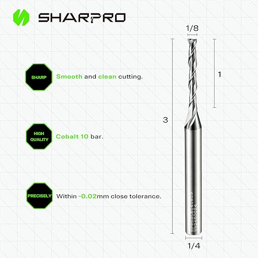 Extra Long Spiral Upcut Router Bit 1/4 Inch Shank 1/8 Inch Cutting Dia. 1'' CL. 3'' OVL. Carbide Upcut CNC Router Bit, Ideal for Wood Engraving and Plunging Applications