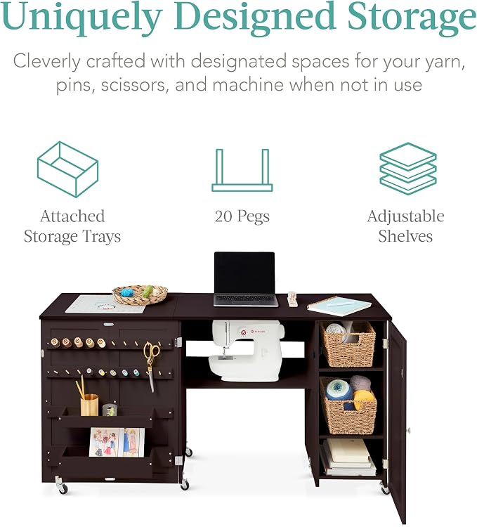 Best Choice Products Large Folding Sewing Table, Caster Wheels, Storage Shelves - Image 3