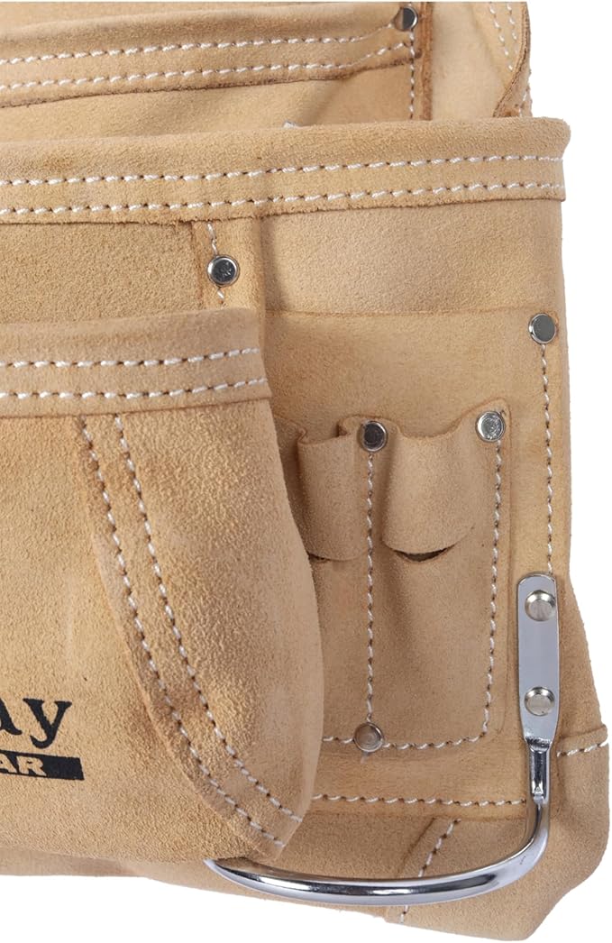 VEEKAY 10 Pockets Men Suede Leather Tool Pouch Beige and Brown Color Bags Fastener Carpenter's Nail & Tool Bag Heavy Duty Steel Hammer Loop, Belt Loop for Electrician Technician Installers