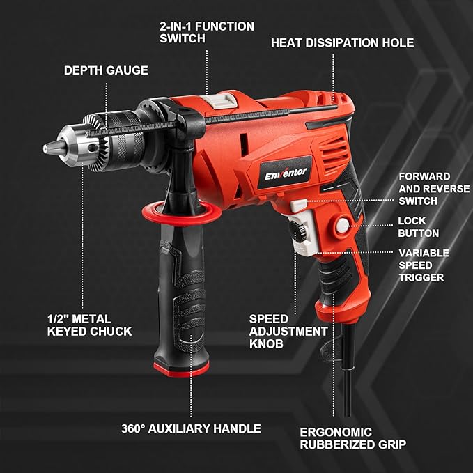 Enventor 7.5 Amp Hammer Drill, 1/2 Inch Electric Hammer Drill, 900W 0-3000RPM Variable Speed, 360° Auxiliary Handle, Lightweight Corded Hammer & Drill 2 in 1 Functions with 9pcs Bit for Metal, Wood