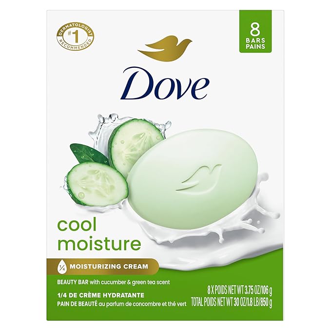 Dove Beauty Bar Soap Cool Moisture Cucumber & Green Tea Scent, 8 Bars for Refreshed Skin, Leaves Skin Refreshed 3.75 oz