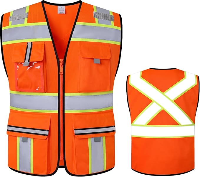 Class 2 Safety Vest with Zipper Front and multiple Pockets, High Visibility Vest, Meets ANSI/ISEA Standards