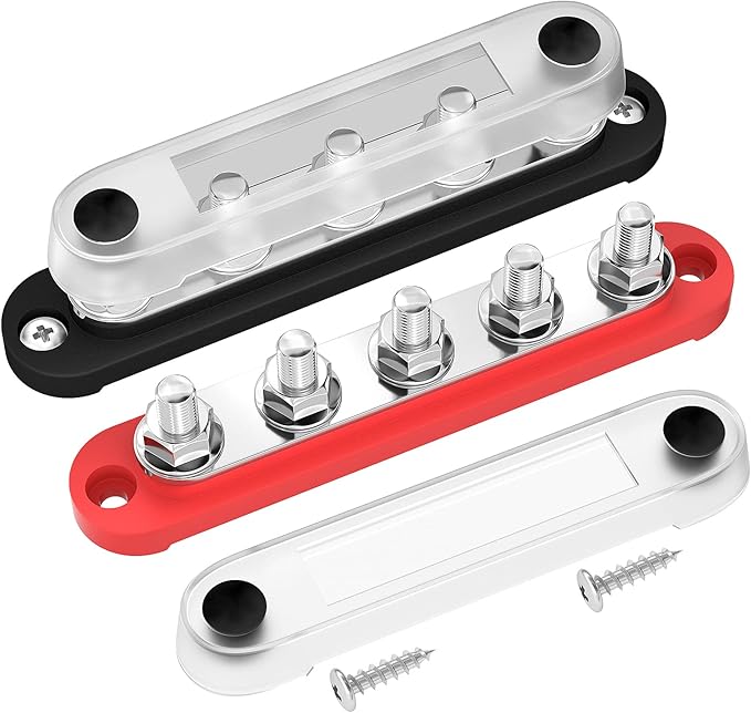 DAIERTEK 12V Bus Bar 5 x 5/16" (M8) Terminal Studs 12V Power Distribution Block with Cover Max 300V AC 48V DC Positive & Negative Battery Distribution Block for Automotive Car Boat
