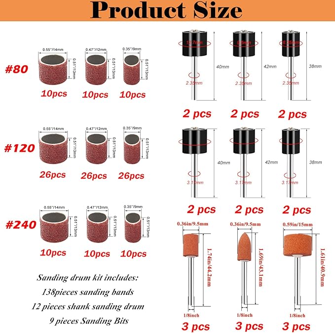 187-Piece Sanding Drum Kit for Drill & Drill Press – Includes 2inch Spindle Sander Sleeves (60/80/120/240 Grit), 4 Rubber Sanding Drums, 1/4-Inch Shank,Versatile Sander Accessory with Box