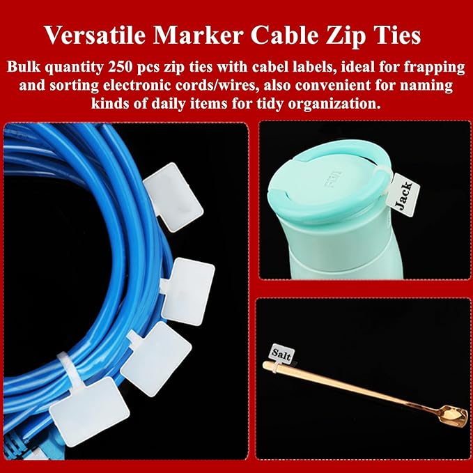 TUZAZO Nylon Marker Cable Zip Ties, 250pcs 6 Inch Self-Locking Cable Labels Tags with Write on Cord Label for Electronics, Network Ethernet Wire Labels