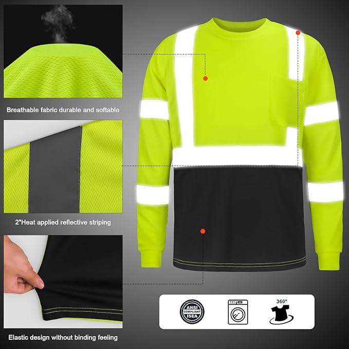 High Visibility Class 3 T Shirts，Hi Vis Safety Shirts with Reflective Strips and Pocket, Long Sleeve Quick Dry Mesh Construction Work Shirt for Men/Women Black Bottom Lime，6XL