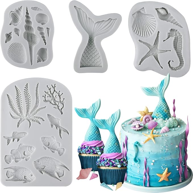 Sakolla 4 Pcs Marine Theme Silicone Fondant Molds, Mermaid Tail Seashell Conch by Sakolla