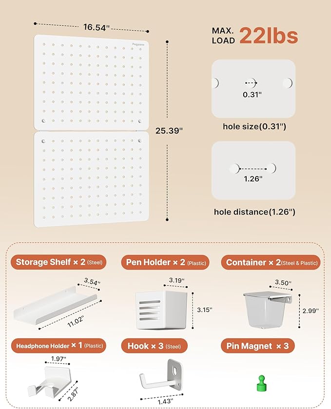 Pegboard Wall Organizer Combination Kit, Overall 25.4"x16.6" Metal Office Pegboard with 13 Accessories, Wall Mounted Peg board Display Panels for Home, Gaming Room, Garage (2Pcs,White)