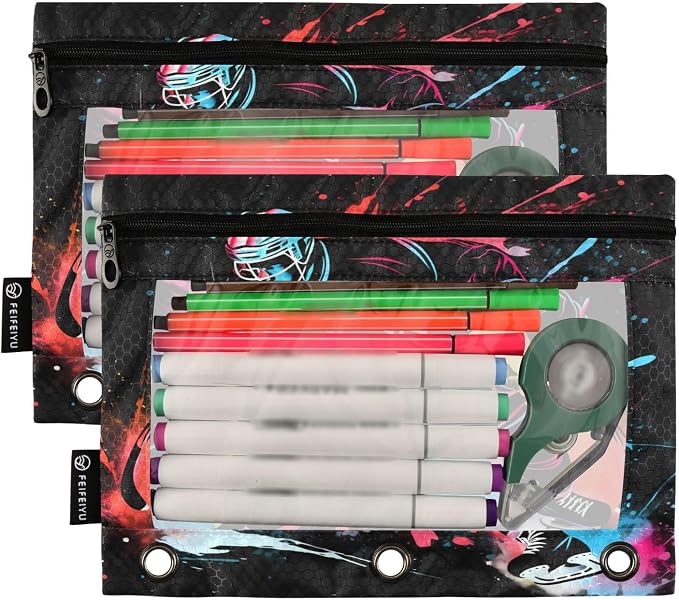 Hockey Player Pencil Pouch for 3 Ring Binder, 2 Pack Waterproof Pencil Bags - Image 2