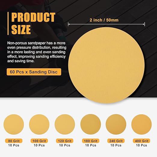 60 Pcs 2 Inch Sanding Disc 80/100/120/180/240/400 Grit Round Hook and Loop Sandpaper for Random Orbital Sander Automotive Car