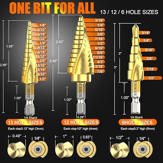 M2 Step Drill Bit Set 3/16"-1/2",1/4" Hex Shank Unibit Step Drill bit,Spiral Grooved for Faster Drilling, Step Bits for Stainless Steel, Wood, Aluminum, Plastic, 6 Step Sizes Taper Drill bit Set