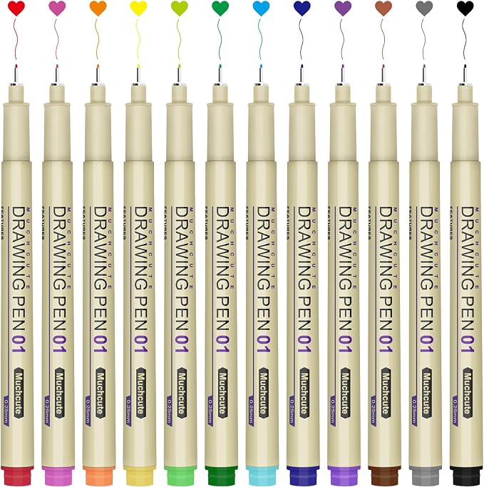 Muchcute 01 Micro Fineliner Drawing Art Pens: 12 Colors 0.25mm Extra Fine Point by Muchcute