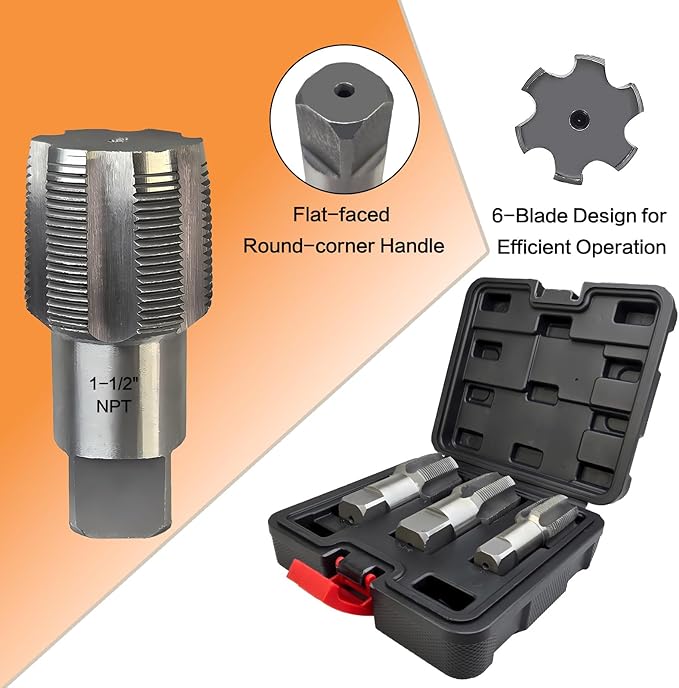 3-Piece NPT Pipe Tap Set, Precision Carbon Steel Tap Set for Clean Accurate Threads, 1", 1-1/4", 1-1/2" NPT Tap, Perfect for Plumbers Mechanics DIYers, with Durable Plastic Case.