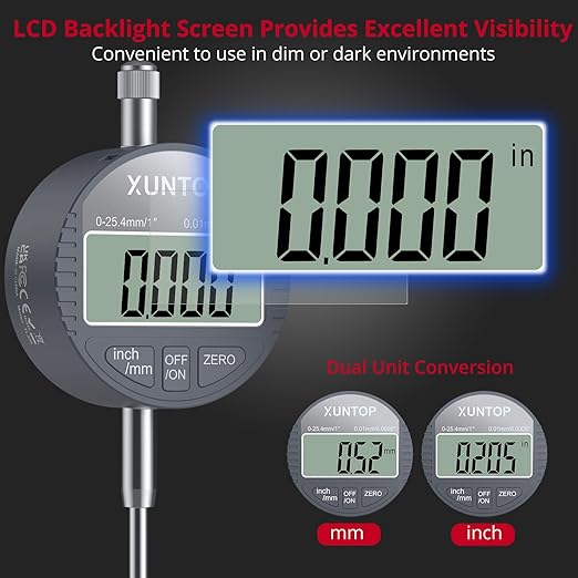 0-1inch/0.0005inch Dial Digital Indicator and 90lbs (40kg) Magnetic Base Magnetic Electronic Indicator with 3 Adjustable Joints 5/16 inch (8mm) Clamping Diameter for Lathe CNC 3D Printer