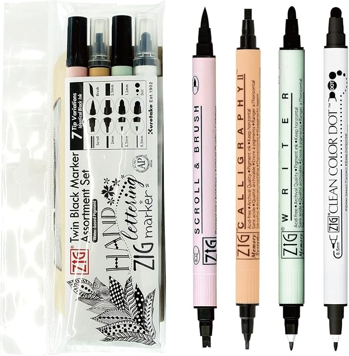 Kuretake ZIG Twin Marker BLACK 4 Assortment set by Kuretake