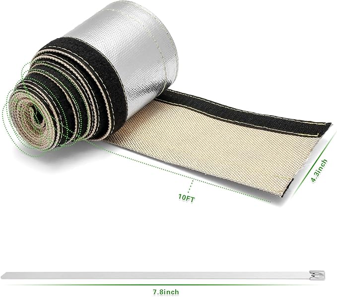 Heat Shroud Aluminized Sleeving Heat Shield Fuel line Wire Heat Sleeve 1" I.D. x 10FT with 20 Pcs 7.8Inch Stainless Steel Cable Metal Zip Ties