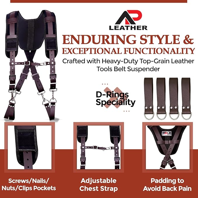 PRO-01 Leather Tool Belts for mens, Tool Belt with Suspenders, Comfort Back Support with stainless steel Buckle for Construction, Framers (Chocolate Padding, Extra Large)