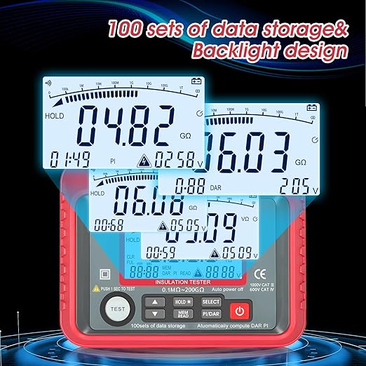 Megohmmeter, 250V-2500V Output Voltage Insulation Tester, 1MΩ-200GΩ Ohm Meter Multimeter, Grounding Tester with 100 Groups of Data Storage