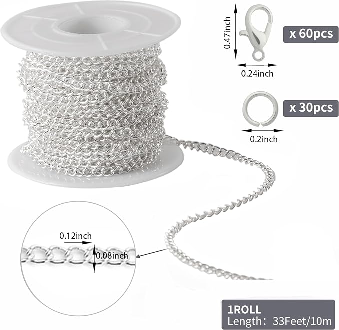 Lemonkey 33 Feet Metal Silver Necklace Chains Curb Links Chains Bulk - Image 2