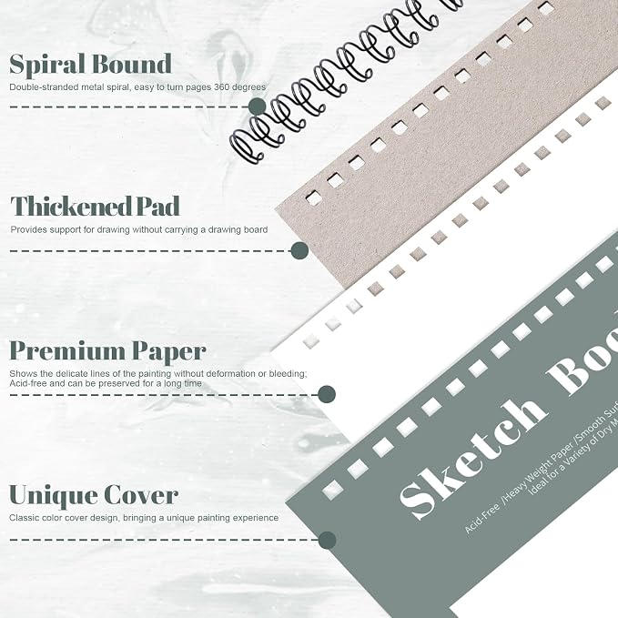 4 Pack Sketch Book, 8.5 x 11 Inch Sketchbook, 68lb/100gsm Top Spiral Bound - Image 3