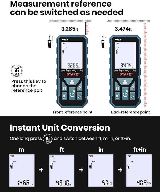 Laser Measure, DTAPE 330 Ft Digital Laser Distance Meter, Upgraded High-Accuracy Laser Measuring Tool, Electronic Tape Measure, 2" Backlit LCD Display, Area/Volume/Indirect Measurement, in/Ft/Ft+in/M