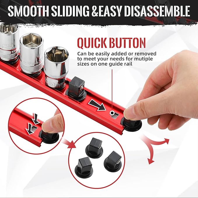 Magnetic Socket Organizer, 1-Piece Heavty Duty Aluminum Socket Holder, Socket Rail for Tool Box, Premium Quality 360° Swivel Socket Rack with 12 Clips for 1/2-Inch(Red)