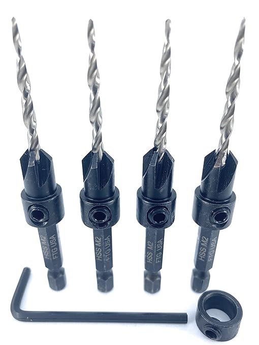 FTG USA Countersink Drill Bit Set 4 Pc #6 (9/64") Wood Bit, Tapered Bit, Stop Collar, Hex Wrench for Woodworking