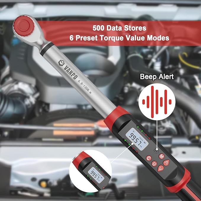 Digital Torque Wrench 1/2 Inch Drive, 45CM/17.72 Inch, ±2% Accuracy 5-99.5 ft-lbs./6.8-135Nm Electronic Torque Wrench with Preset Value, Buzzer and LED Notification for Moto, Car