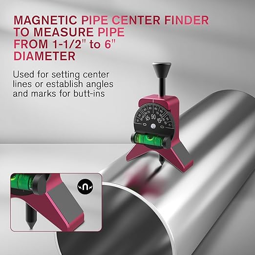 Magnetic Pipe Center Finder Tool, Y-Shape Pipefitter Gauge with Adjustable Dial Bubble Protractor, Fits 1-1/2" to 6" Pipes, 2.75" Centering Head for Accurate Pipe Layout