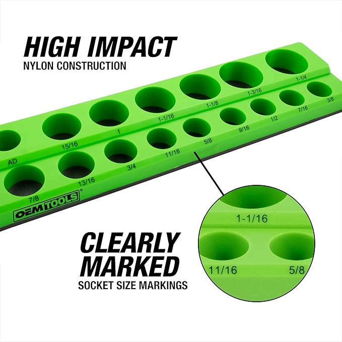 OEMTOOLS 22488 6 Pack Set Metric and SAE Magnetic Socket Tray Set, Black and Green Socket Organizers, 1/4, 3/8, 1/2 Inch Drive Socket Organizer Tray Set
