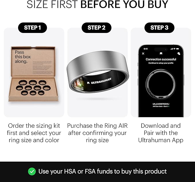 ULTRAHUMAN Ring AIR-Smart Ring Health Tracker, Size First Sizing Kit,Sleep Tracker,Smart Ring for Men/Women,Fitness Tracker (Made in The USA, Raw Titanium, 6)