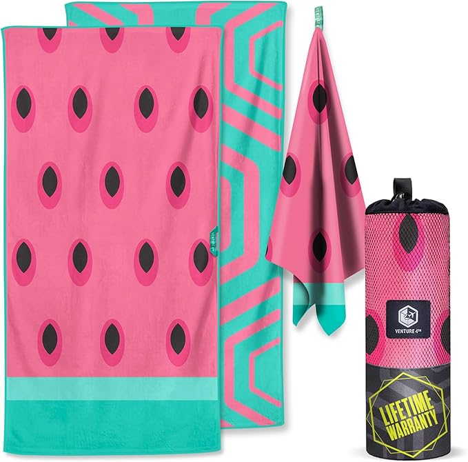 VENTURE 4TH Microfiber Beach Towel: Quick-Dry, Compact, Sand-Free, Absorbent, Sandproof and Lightweight - Perfect for Camping, Beach, and Roadtrips (Watermelon Design | 35x78 inches)