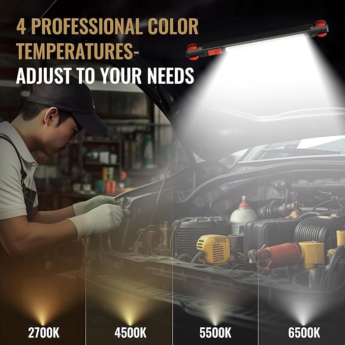 Underhood Magnetic Work Light for Mechanics, 7800mAh 12H, Rechargeable Hood Light, IP65 Waterproof, 360° Rotating, 4 Modes (2700K-6500K), USB-C Fast Charge, for Car Repairing/Garage/Emergency