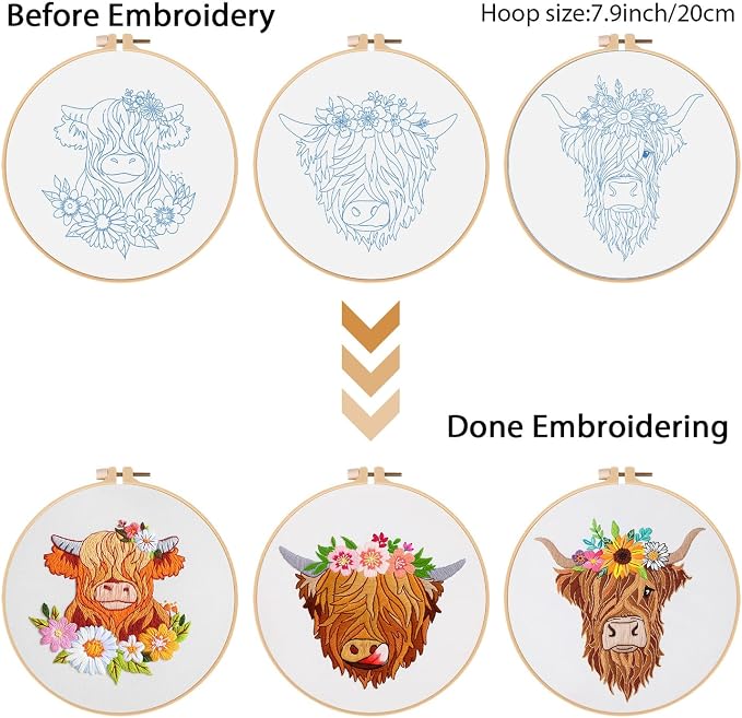 Louise Maelys 3 Sets Highland Cow Embroidery Kits - Image 3