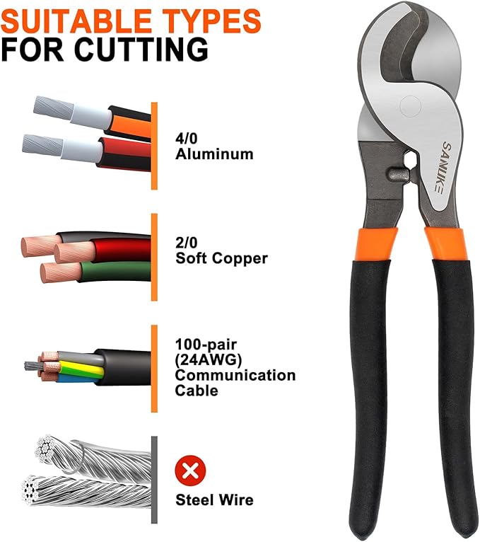 10 Inch Cable Cutters, Sanuke High Leverage Cable Cutter Heavy Duty Industrial Strength Electrical Wire Cutters for Cutting Aluminum Copper Communication Cables