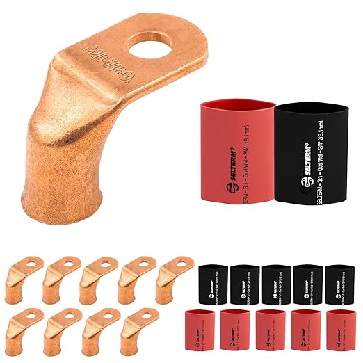 SELTERM 10pcs - 2/0 AWG 5/16" Stud 90° Bent Battery Lugs - Ring Terminal Connectors with 12pcs 3:1 Black & Red 3/4" Heat Shrink Tubing - Heavy Duty Battery Cable Ends - Bare Copper Wire Connectors Kit