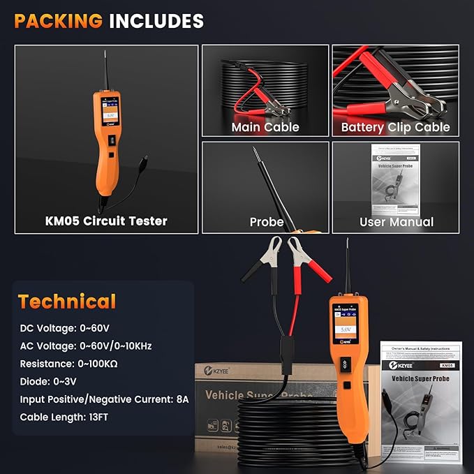 KZYEE KM05 Power Circuit Probe Tester, 12V/24V Automotive Diagnostic Test Tool, Digital Multimeter, Short/Open Circuit Finder, AC/DC Voltage, Continuity, Diode, Resistance Test, Current Probe Kit