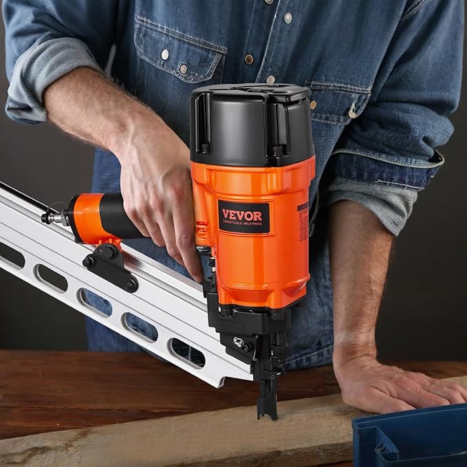 VEVOR Framing Nailer, 80-120PSI Air Nail Gun, 2" to 3-1/2" 21 Degree Full Round Head Pneumatic Framing Nailer with Tool-Less Depth Adjustment & Dual Trigger Modes, Ideal for Framing Decking Flooring
