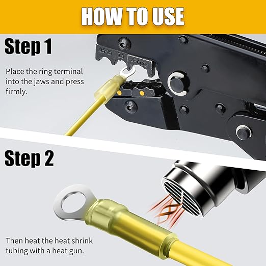 180PCS Marine Grade Heat Shrink Wire Connectors-Electrical Connectors Kit of Tinned Red Copper,Crimp Insulated Ring Fork Spade Butt Splice AWG12-10 Gauge (180pcs Yellow, AWG 12-10)
