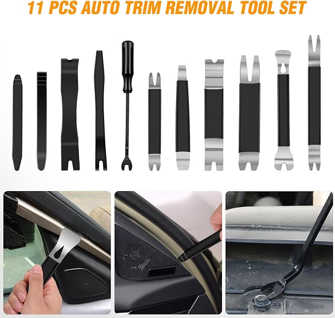 GOOACC 11PCS Trim Removal Tool Kit, Metal & Nylon Pry Tools Set for Car Door Panel, Dashboard, Audio, Clips, Fastener Remover w/Storage Box – Black