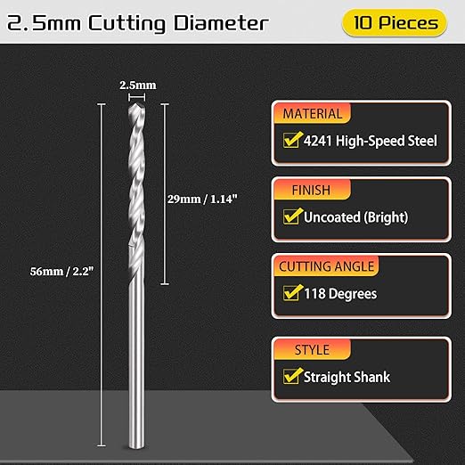 Drill Bit, 2.5mm Cutting Diameter, 4241 HSS 118° Cutting Angle Uncoated Bright Versatile Jobber Bits - (Applications: for Drilling Plastic Wood Soft Metal), 10-Pieces