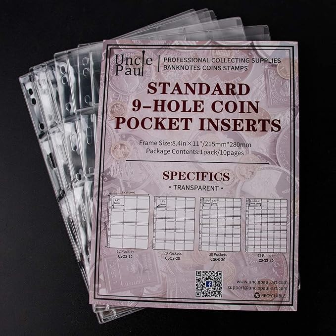 Coin Collecting Pages 5 Sheets 12 Pockets Standard 9Hole Coin Pocket Inserts - Image 5