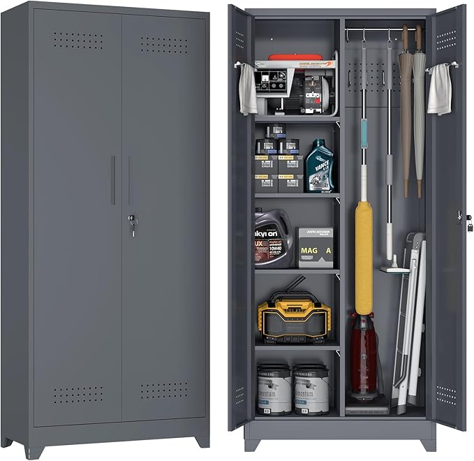72.8" H Metal Storage Cabinet with Lockable Doors, Functional Garage Storage Cabinets, Cleaning Supply Tool Cabinets with Removable Pegboard Hanging Rod & S-Hooks, Grey
