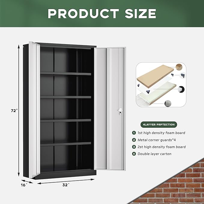 Greenvelly Metal Garage Storage Cabinet, 72" Black Gray Tool Steel Locking Cabinet with Doors and 4 Shelves, Tall Cabinets for Garage Storage Systems Lockable File Cabinet for Home Office,Garage