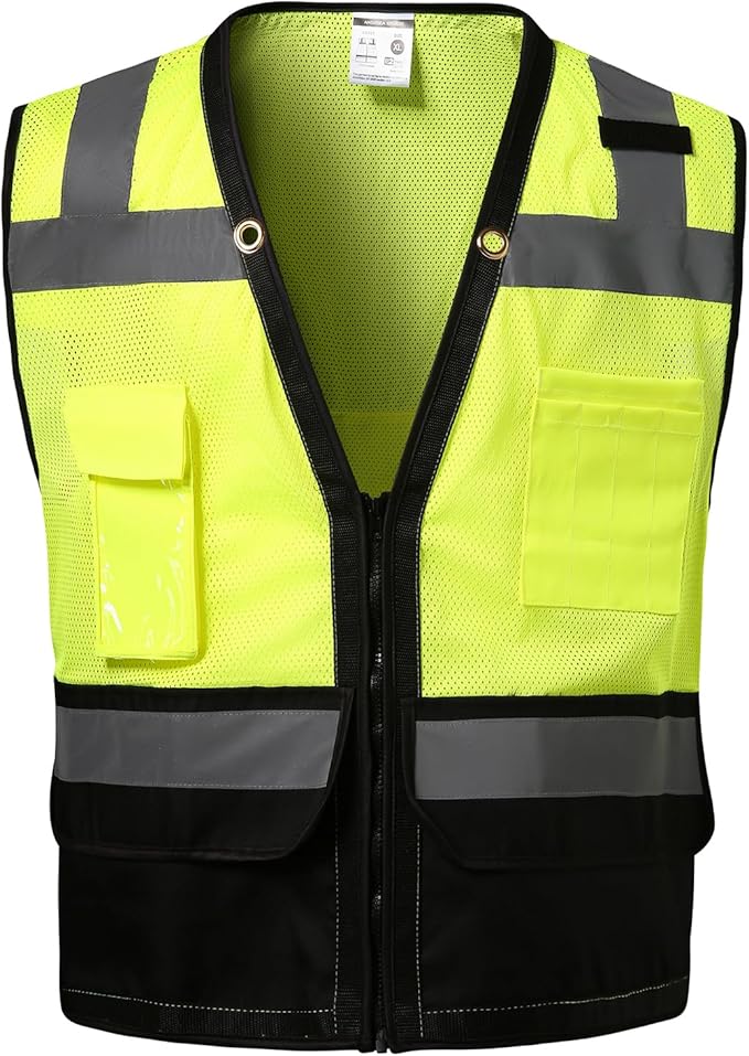 Reflective Safety vest With back plan pocket,High visibility Class 2 Heavy Duty Surveyor Vest with Zipper,Hi Vis Construction Work Vest for Men＆Women ANSI/ISEA(Yellow-Bottom,5XL)