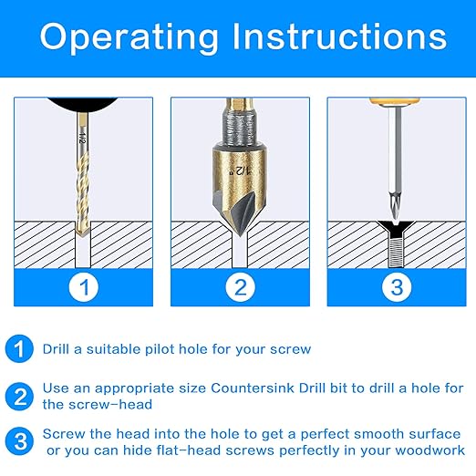 Countersink Drill Bit Set, 5 Pieces High Speed Steel 82 Degree 5 Flute 6mm Round Shank Mill Cutter Bit Countersink in Sizes 1/4" Set with Carrying Case.